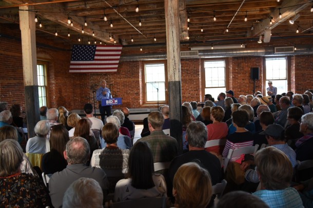 A crowd listens to Joe Biden speak at a campaign event in Laconia, New Hampshire, on Sept. 6, 2019. Photo by Kit Norton/VTDigger