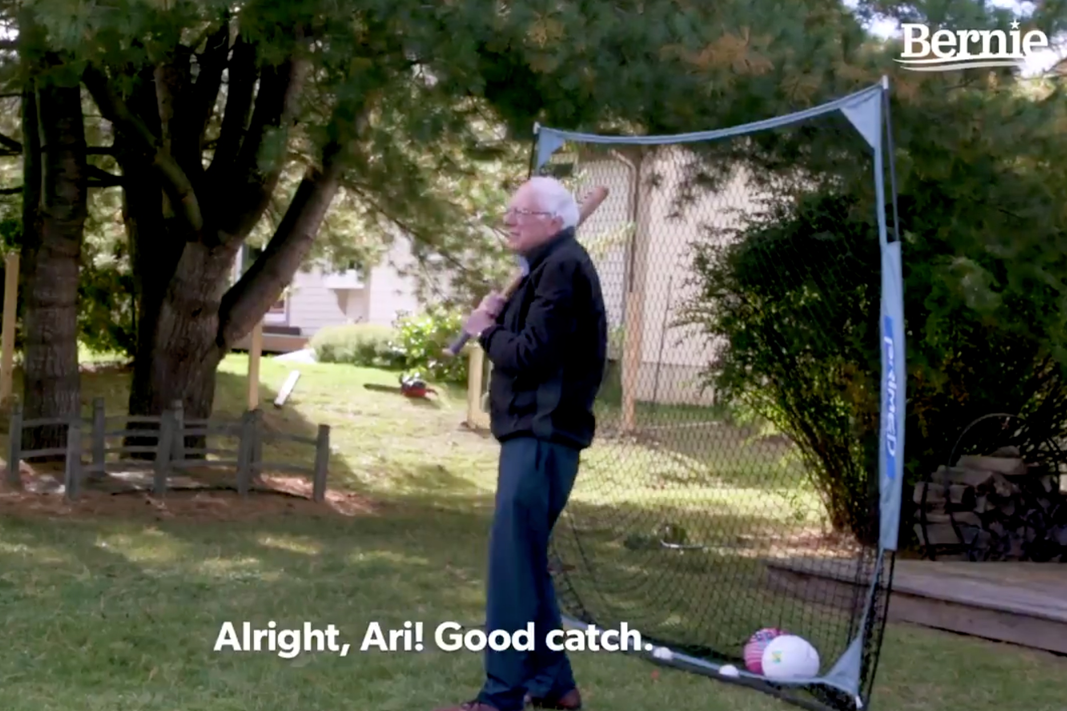 Bernie Sanders hits baseballs in his backyard, in a video posted to his campaign Twitter feed Thursday.