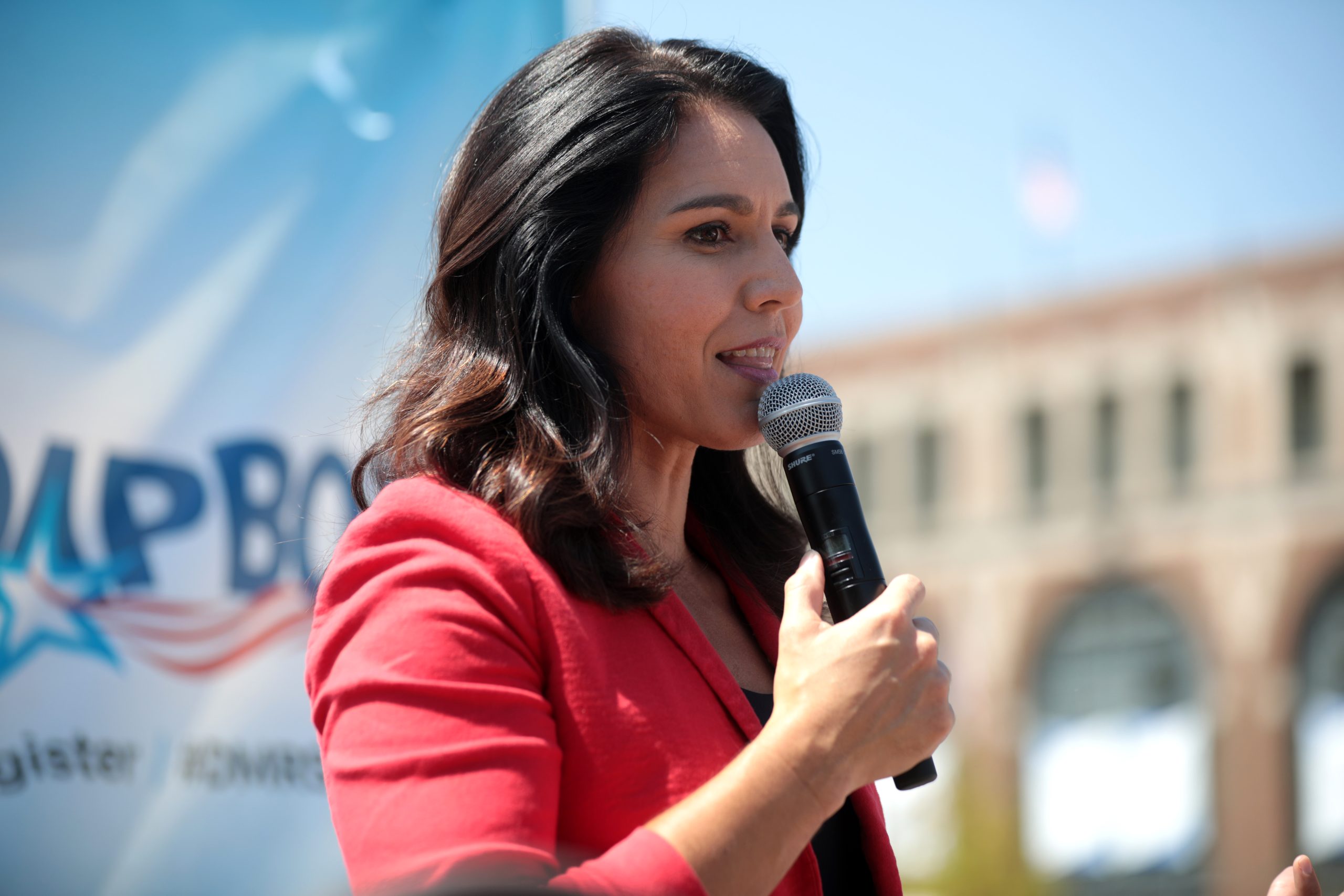 Rep Tulsi Gabbard, D-Hawaii, speaks at the Des Moines Register's Political Soapbox at the Iowa State Fair on Aug 9, 2019. Photo by Gage Skidmore/Wikimedia Commons