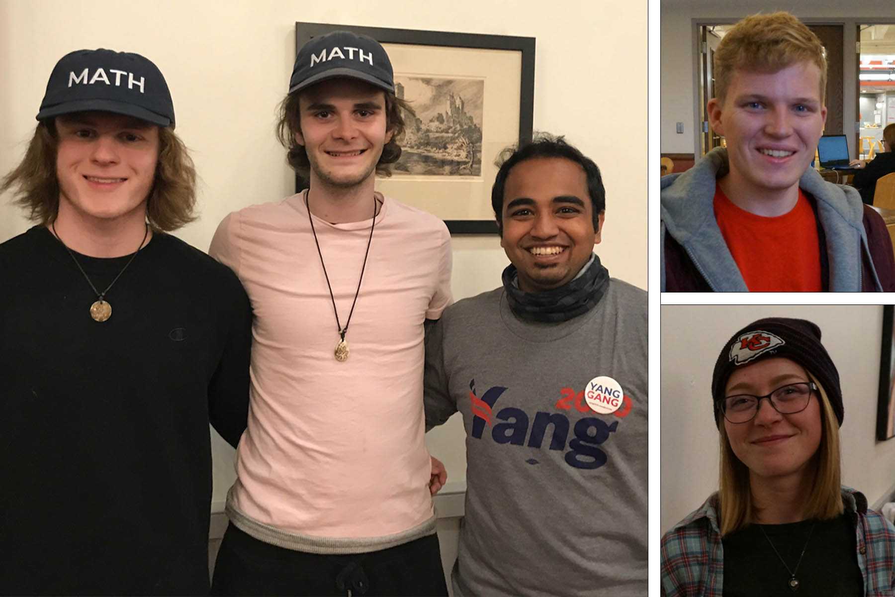 Iowa State University students (clockwise from left) Kelly Thompson, Jackson Miller, Dev Jeev Padavath, Sam Queen and Julia Nolke, all plan to caucus for Democrats in 2020. Photos by Henry Epp, Meg Malone/VPR