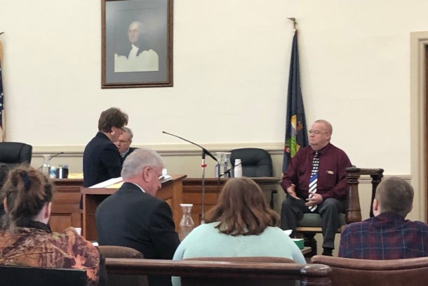 Ludlow Police Chief Richard King, right, takes the stand during a trial in Woodstock Monday in which the Department for Children and Families is accused of failing to protect two children. Photo by Ellie French/VTDigger