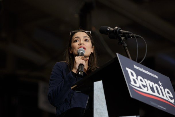 U.S. Rep. Alexandria Ocasio-Cortez, D-N.Y., speaks during a Bernie Sanders 2020 rally in Durham, New Hampshire, on Monday, ahead of the state's first-in-the-nation primary on Tuesday. Photo by Anna Watts for VTDigger