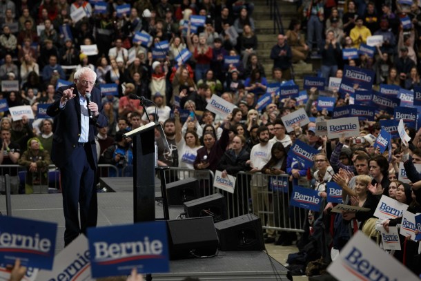 Sen. Bernie Sanders speaks during a rally in Durham, New Hampshire, on Monday, ahead of the state's first-in-the-nation primary on Tuesday. Photo by Anna Watts for VTDigger