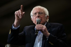 Sen. Bernie Sanders speaks during a rally in Durham, New Hampshire, on Monday, ahead of the state’s first-in-the-nation primary on Tuesday. Photo by Anna Watts for VTDigger