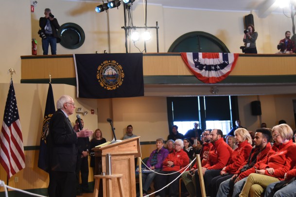 Sen. Bernie Sanders speaks during a town hall in Derry, New Hampshire, Wednesday morning. Photo by Kit Norton/VTDigger