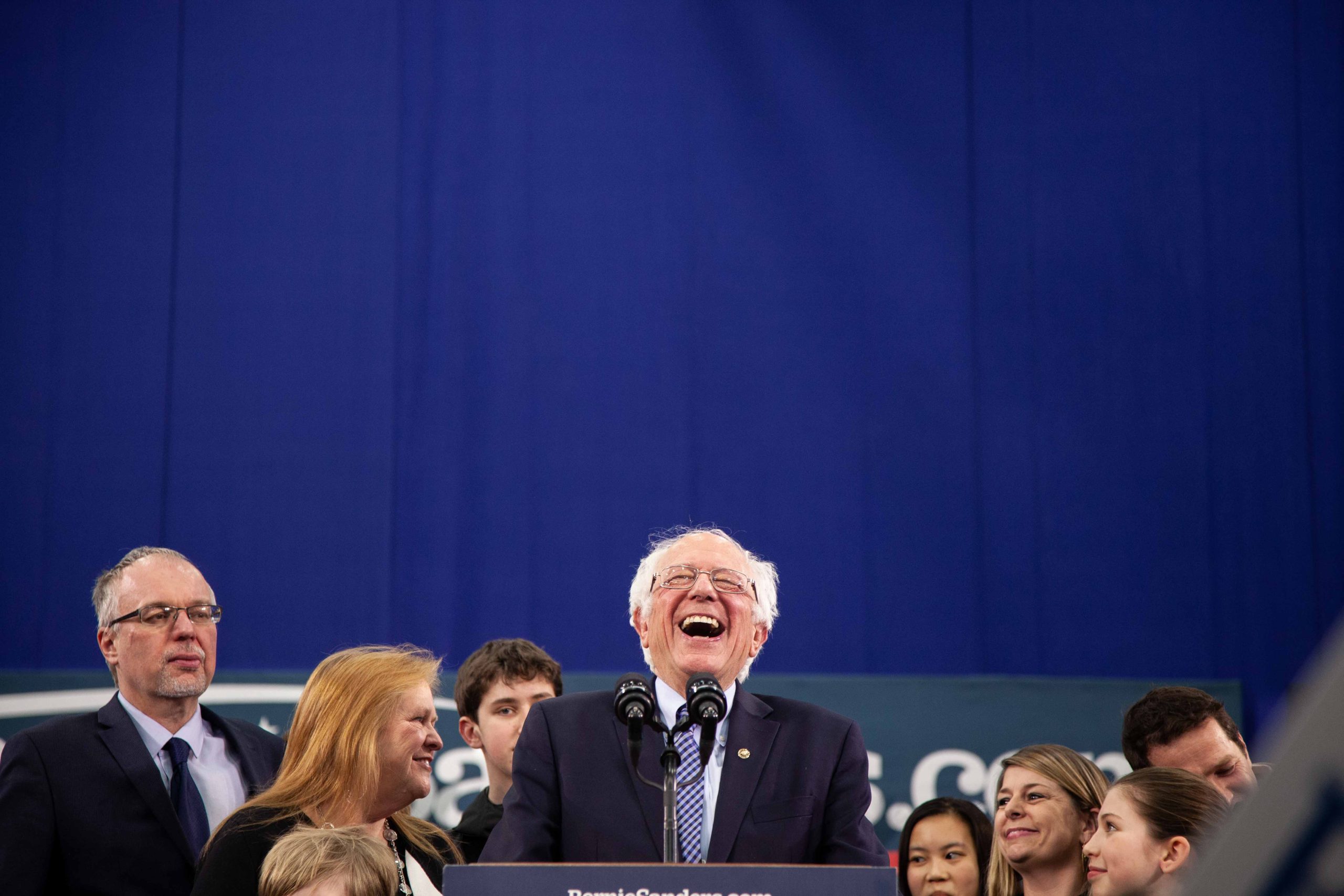 Sen. Bernie Sanders celebrates his victory Tuesday night in a speech to supporters on the Southern New Hampshire University campus in Manchester. Photo by Mike Dougherty/VTDigger