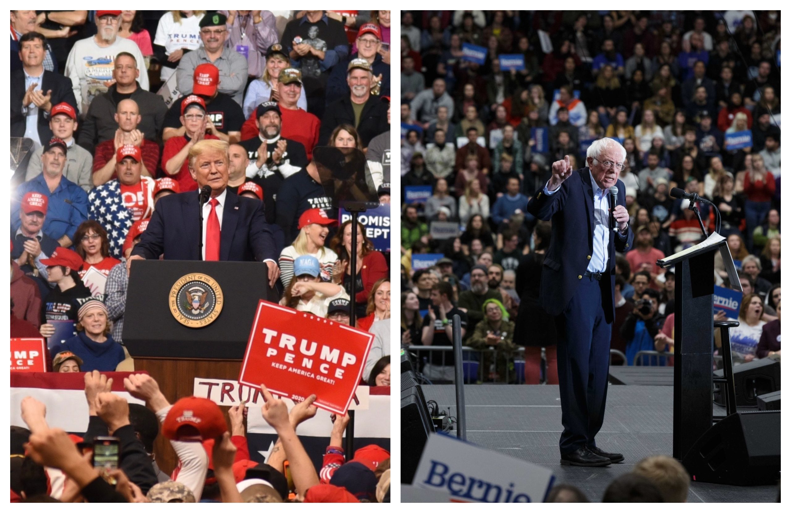 President Donald Trump, left, and Sen. Bernie Sanders speak during rallies in New Hampshire Monday night ahead of the state's first-in-the-nation primary on Tuesday. Photos by Kit Norton/VTDigger and Anna Watts for VTDigger
