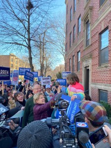 Sen. Elizabeth Warren greets supporters outside an elementary school in Cambridge Tuesday morning. Photo by Xander Landen/VTDigger