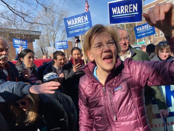 Sen. Elizabeth Warren of Massachusetts voted at an elementary school in Cambridge at about 9 a.m. Tuesday. Photo by Xander Landen/VTDigger