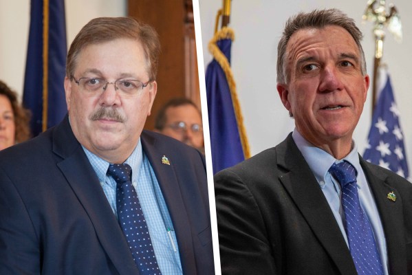 Secretary of State Jim Condos, left, and Gov. Phil Scott are trying to work out disagreements over mail-in voting for November's general election. VTDigger file photos