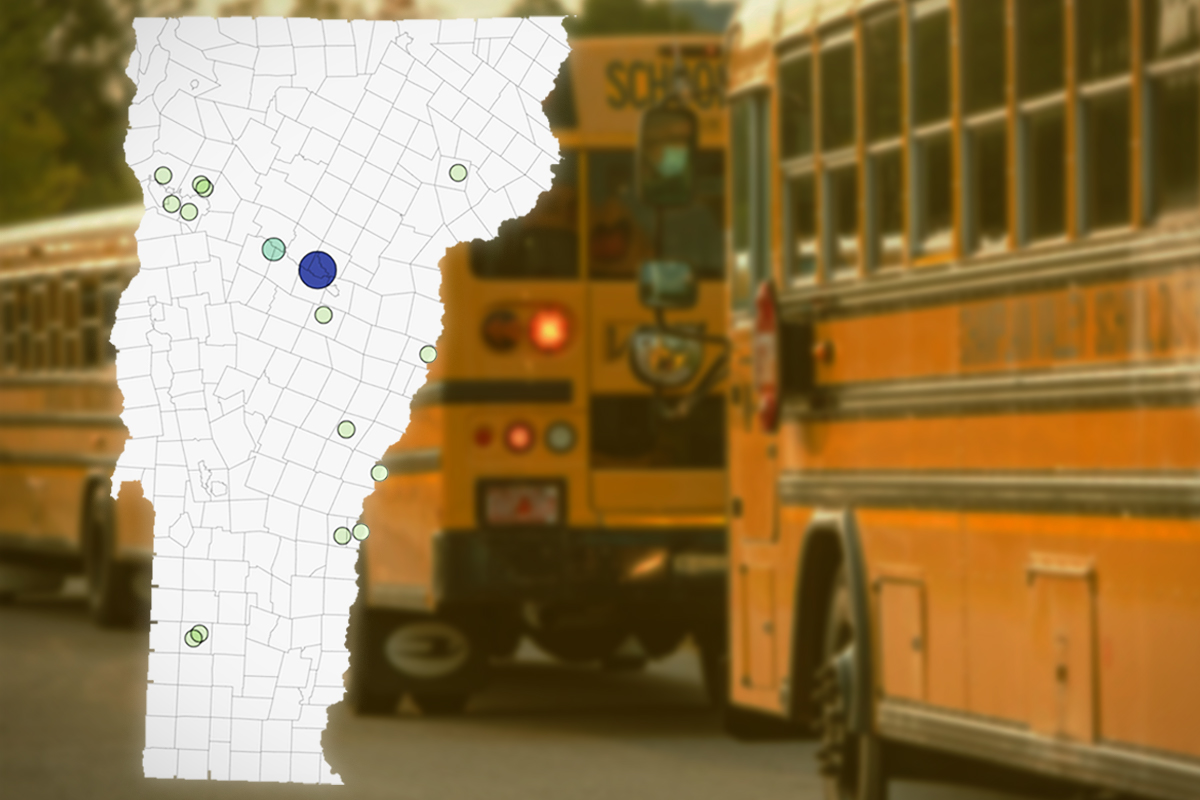 Vermont map with school Covid cases and school buses