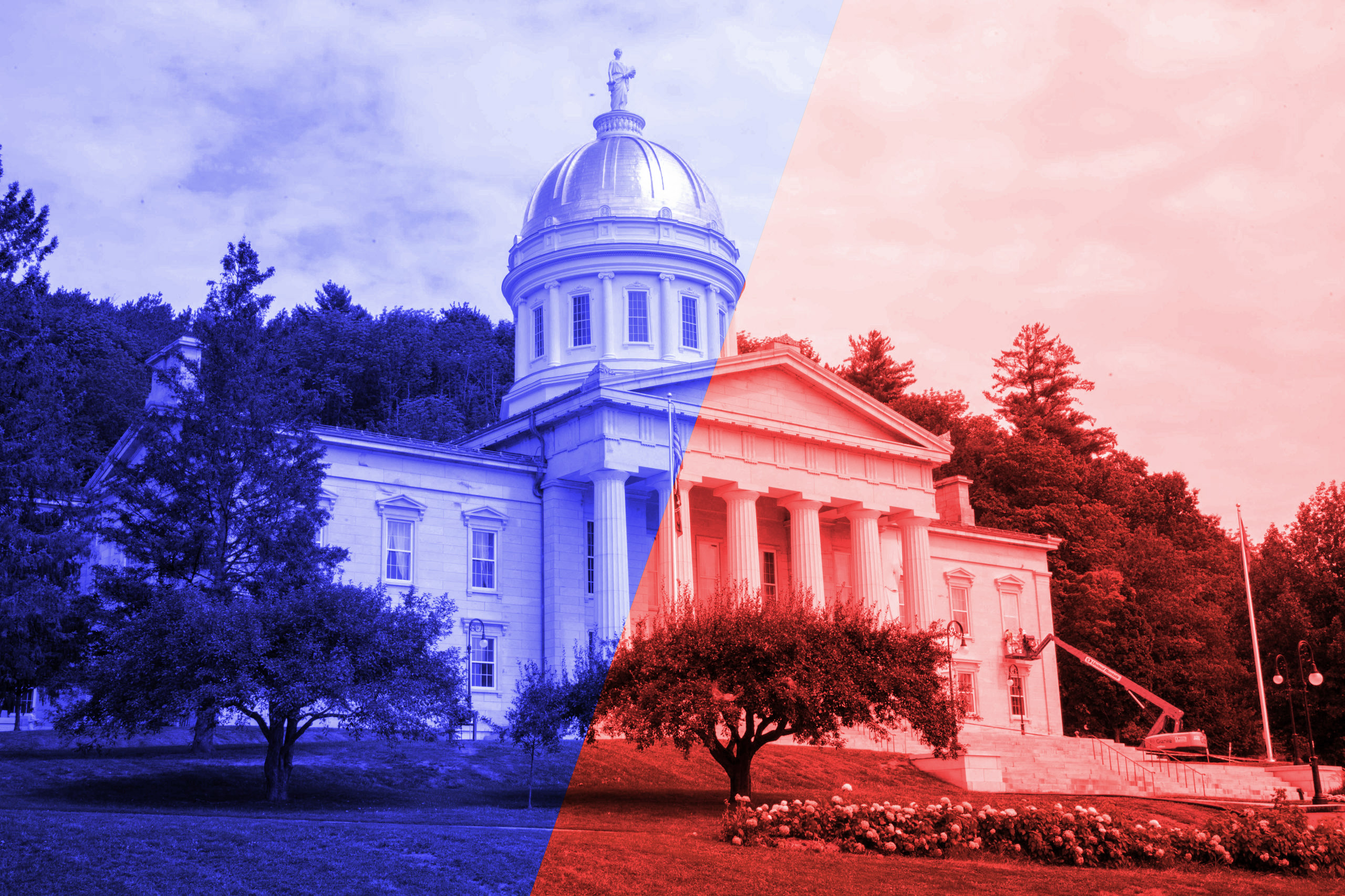 Vermont Statehouse with blue and red overlay