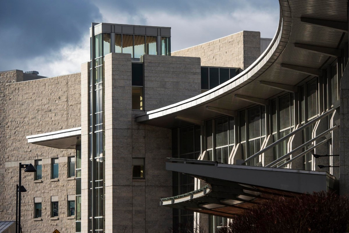 A building with a curved side.