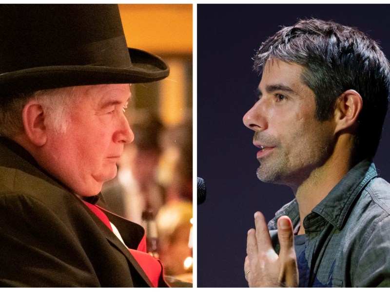 A split image shows an older man in a top hat and suit on the left and a younger man speaking into a microphone on the right.