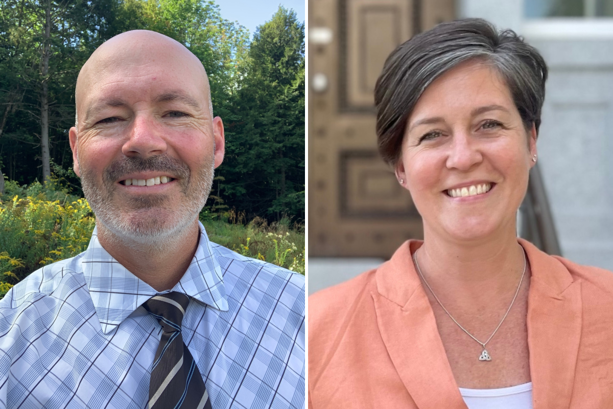 Two pictures of a man and a woman smiling.