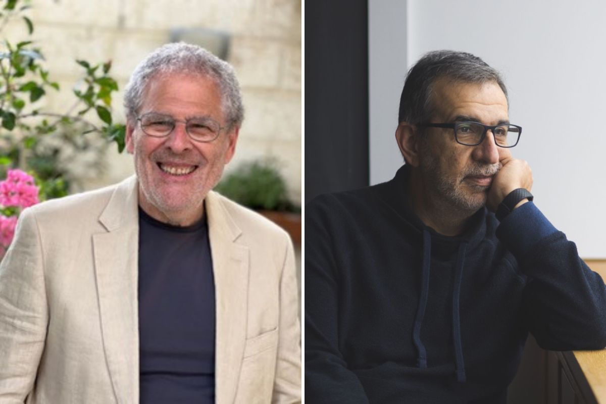 Two pictures of two men sitting next to each other.