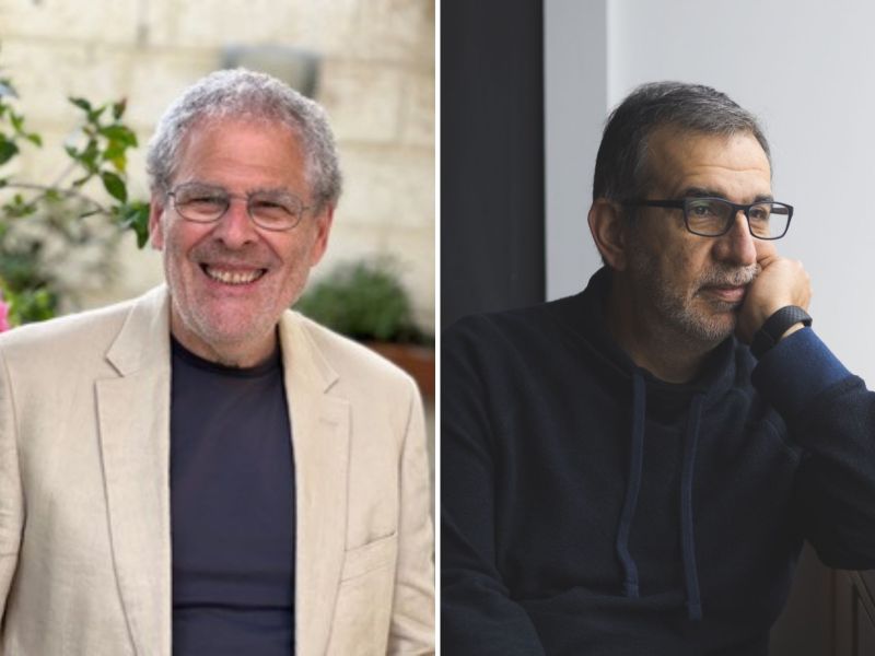 Two pictures of two men sitting next to each other.