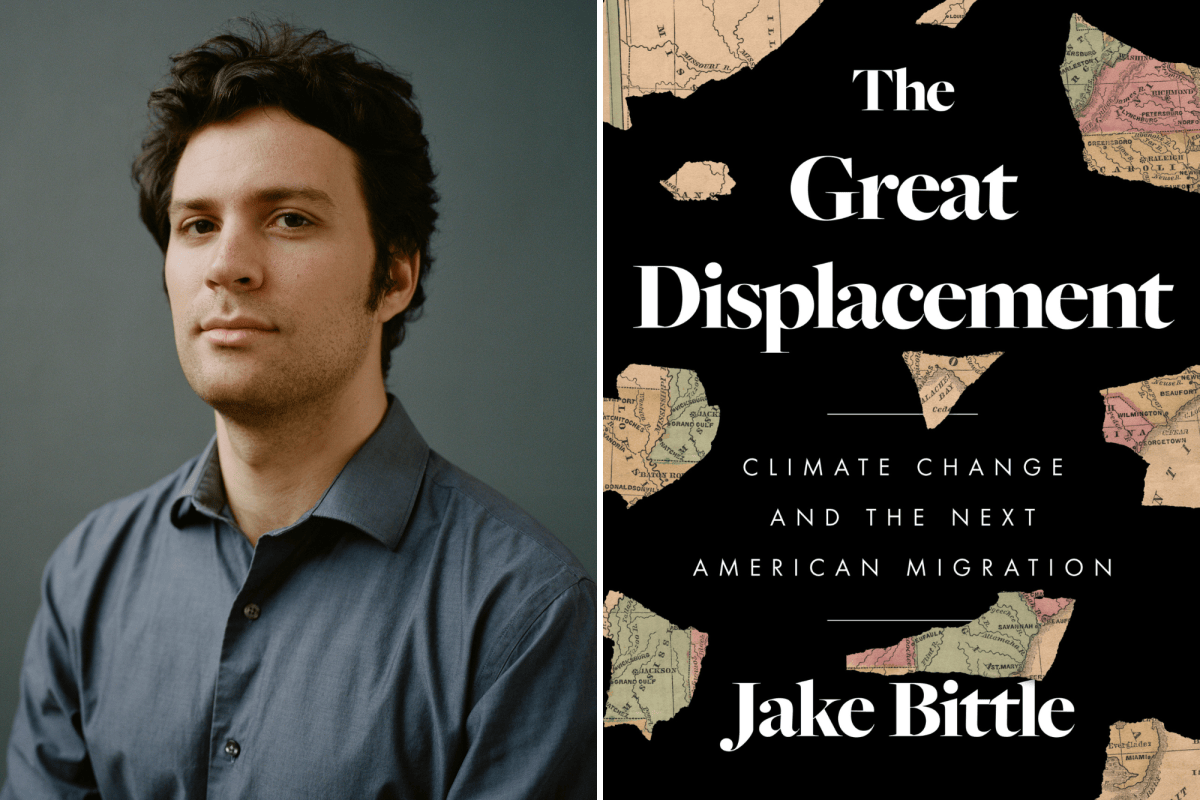 A portrait of a man and a picture of the front cover of a book, side by side