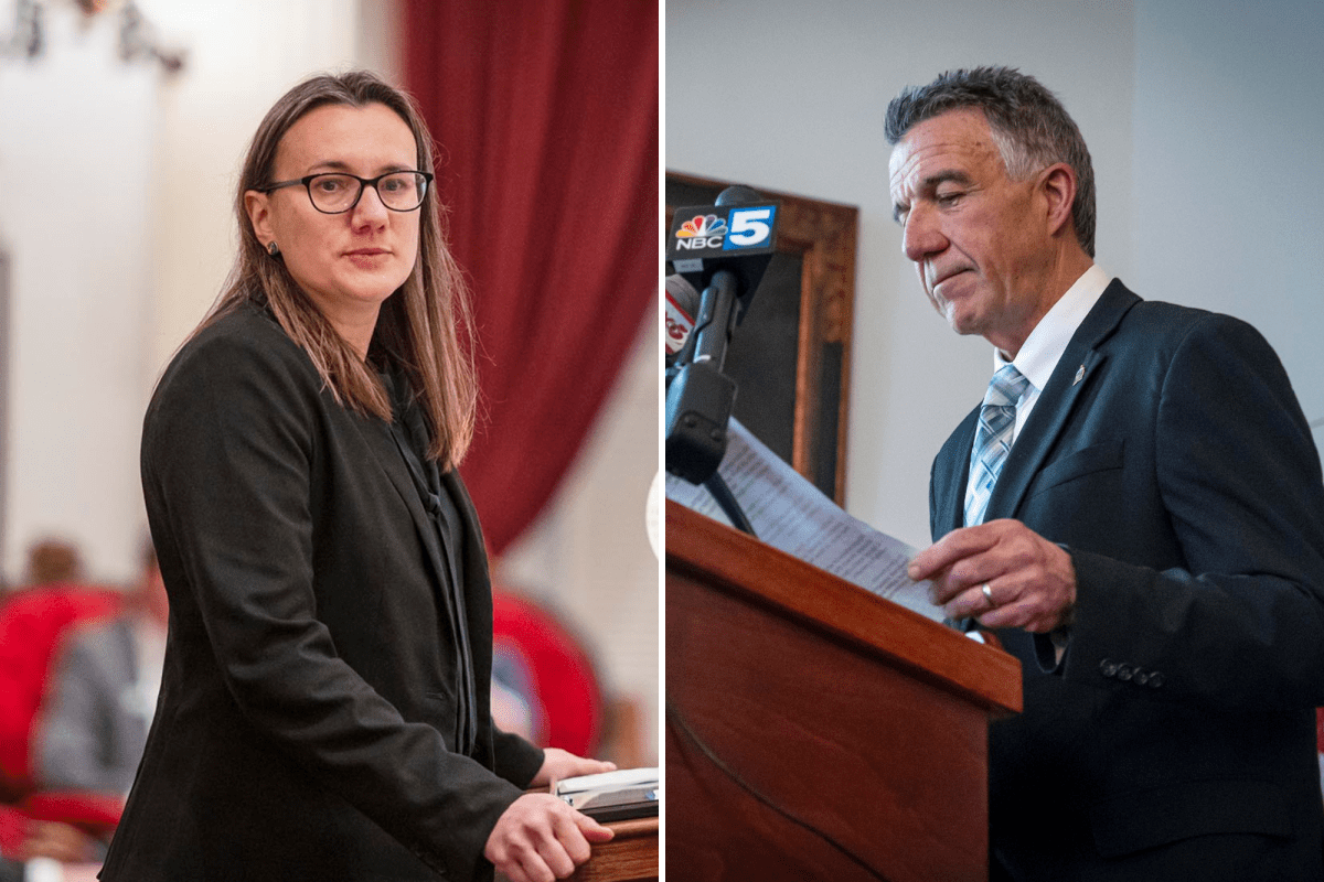 Two photos of a man and a woman