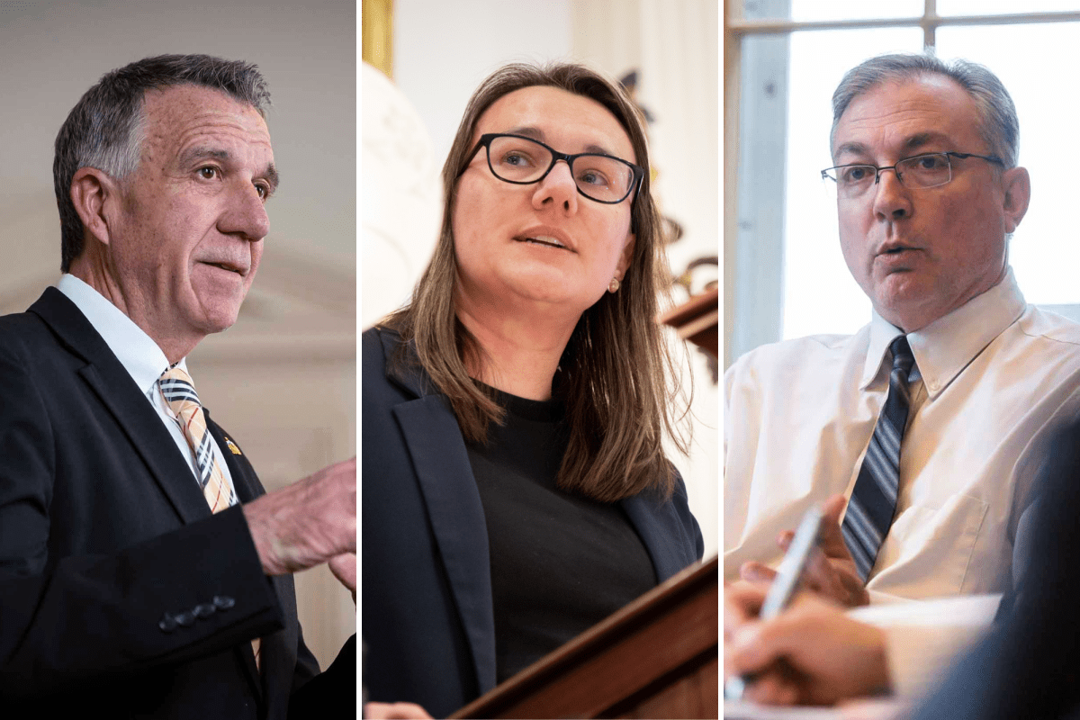 Three people are pictured speaking in different settings. The left individual is gesturing with a finger, the middle person is looking to the right, and the right person appears to be making a point.