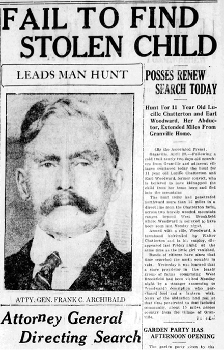 Historical newspaper clipping reporting a search for a stolen child with attorney general frank c. archibald directing the manhunt.