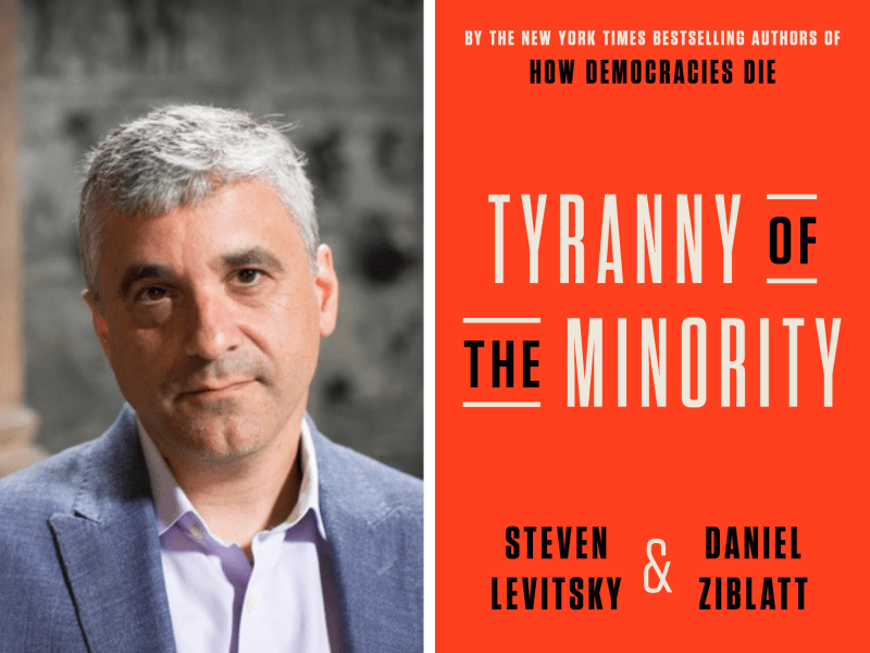 Two photos of a book cover and a man