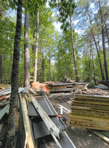 A pile of wood in a wooded area.