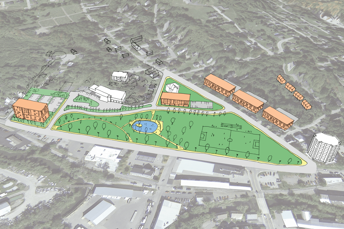 A rendering of a park with a fountain, trees and a field.