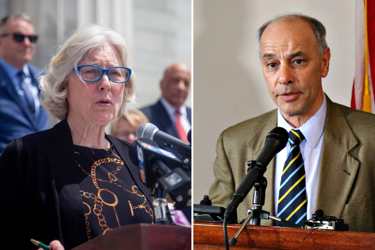 Two pictures of a woman and a man speaking in front of a microphone.