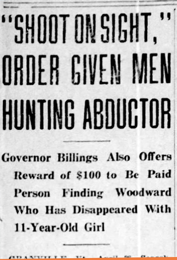 Newspaper headline detailing the order for law enforcement to 'shoot on sight' in the search for an abductor, with a governor's reward offered for finding the missing child.