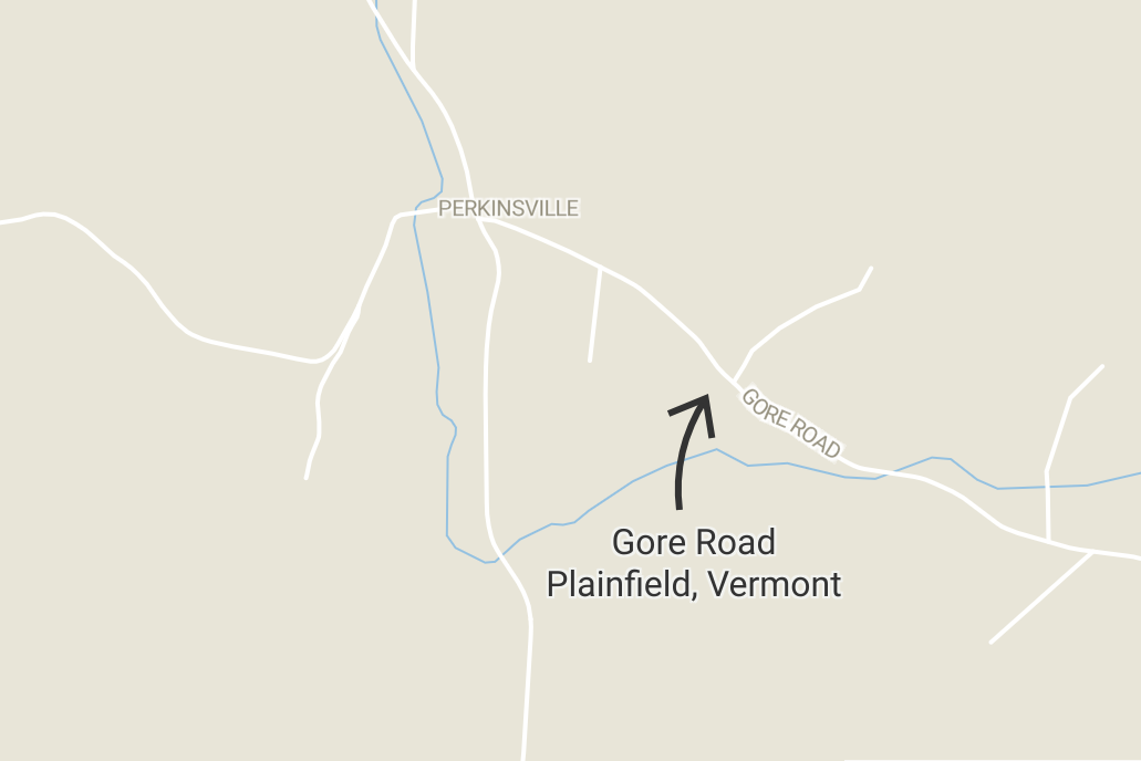 A map with an arrow pointing to Gore Road in Plainfield, Vermont.