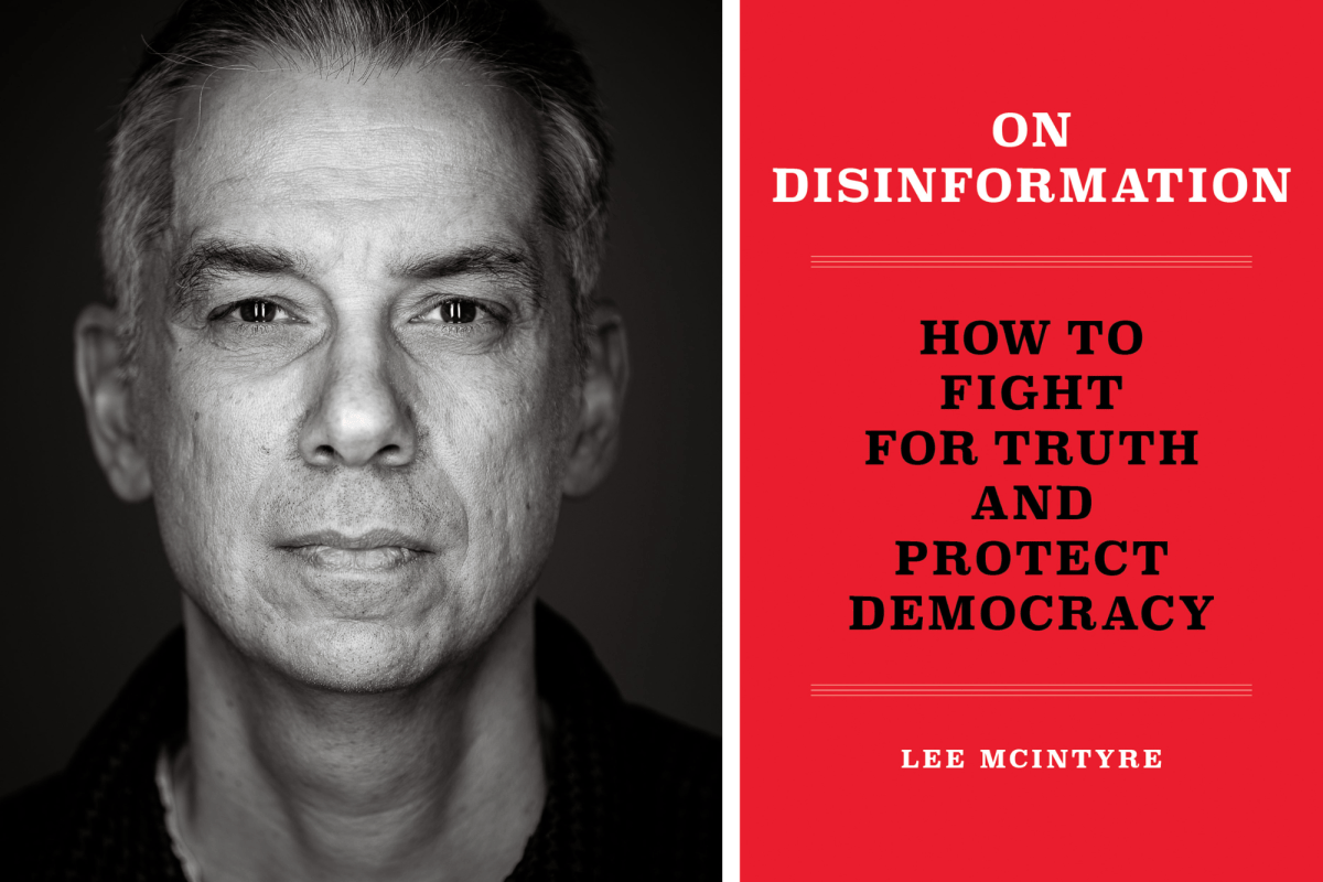 Two photos: A man in a black-and-white portrait on the left, and a red book cover for "On Disinformation" on the right.