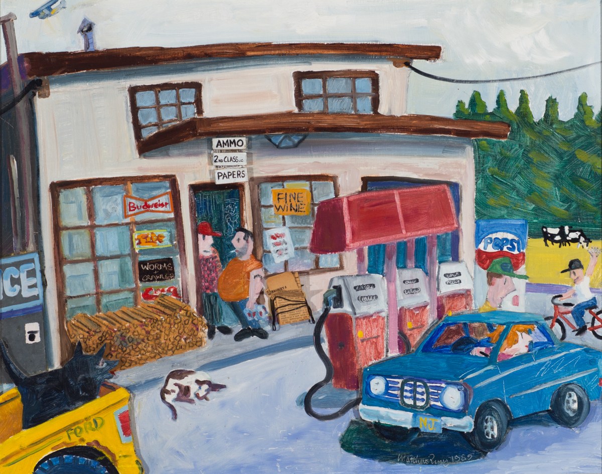 A painting of people at a gas station.