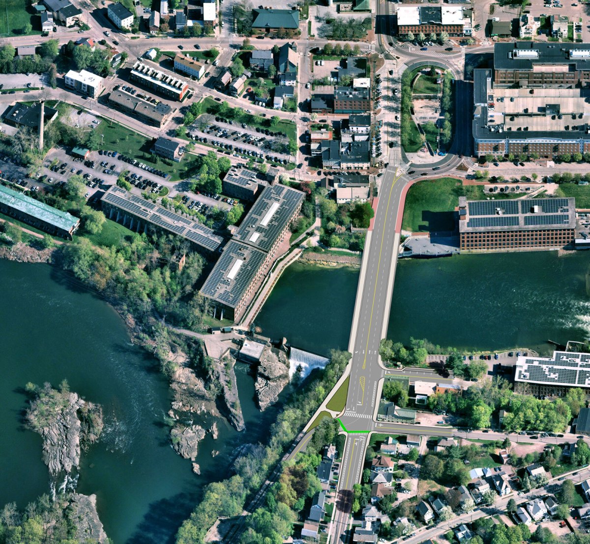 An aerial view of a bridge over a river.
