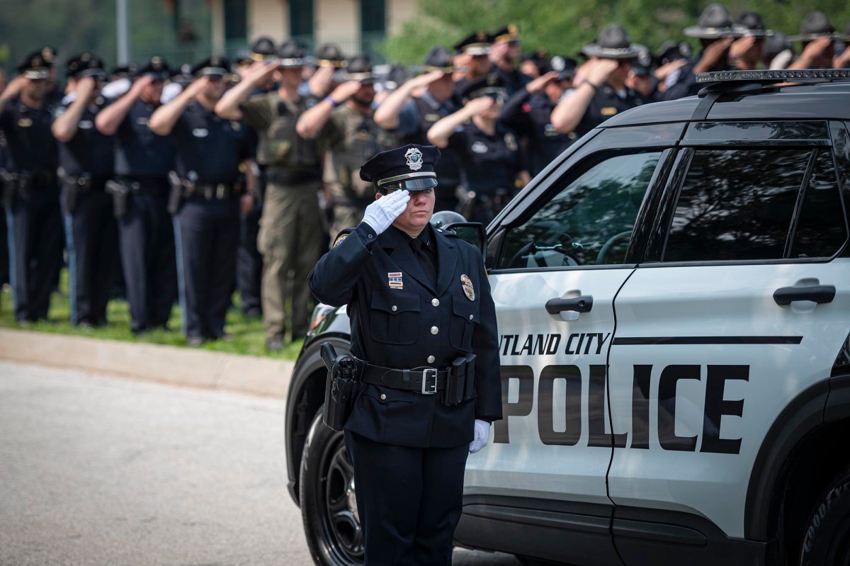 a police officer salutes in front of a police car.
