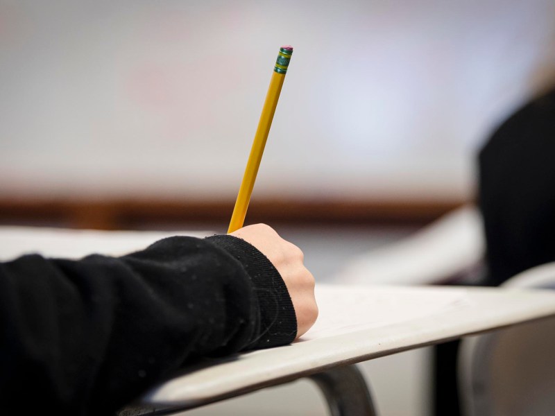 a person holding a pencil in their hand.