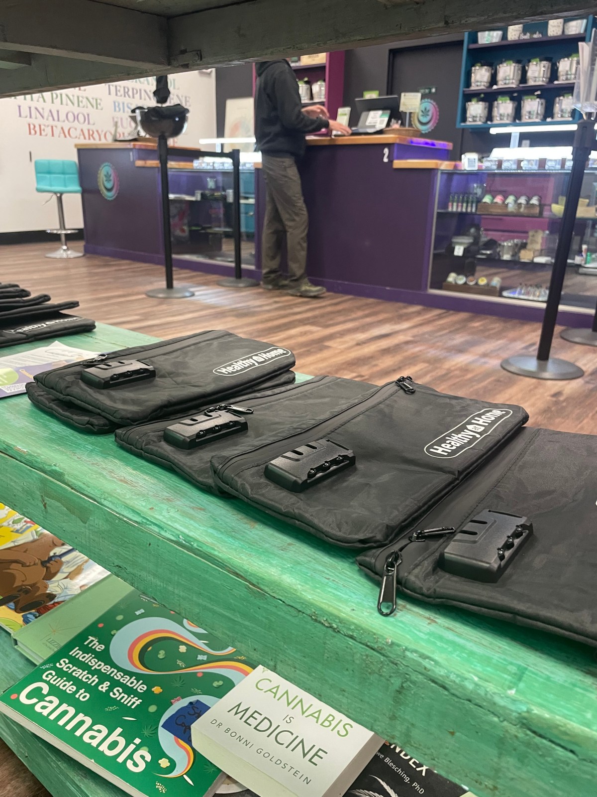 Cbd bags on a table in a store.