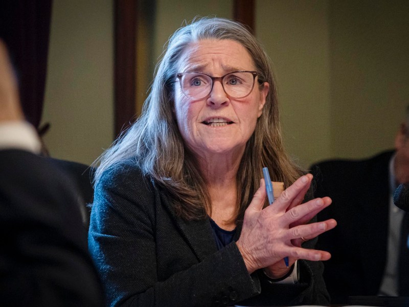 A woman in glasses sitting at a table with other people.