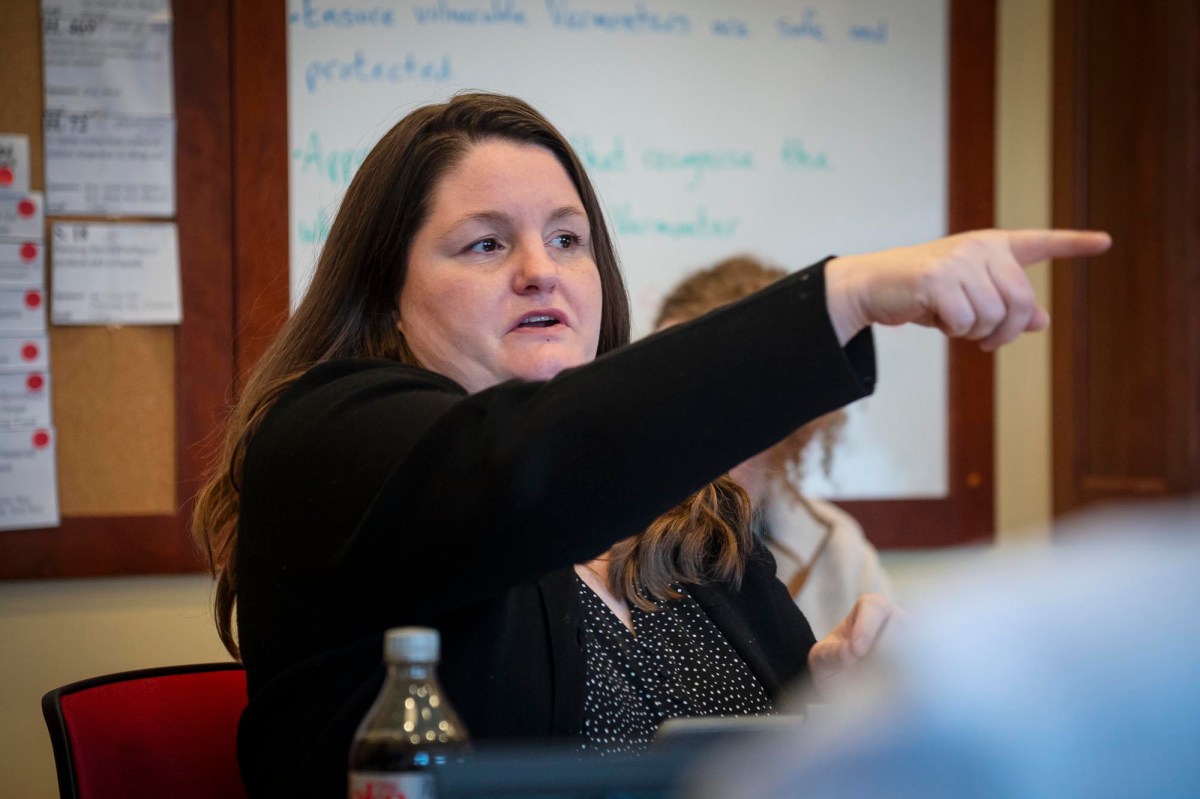 A woman is pointing at something in front of a group of people.