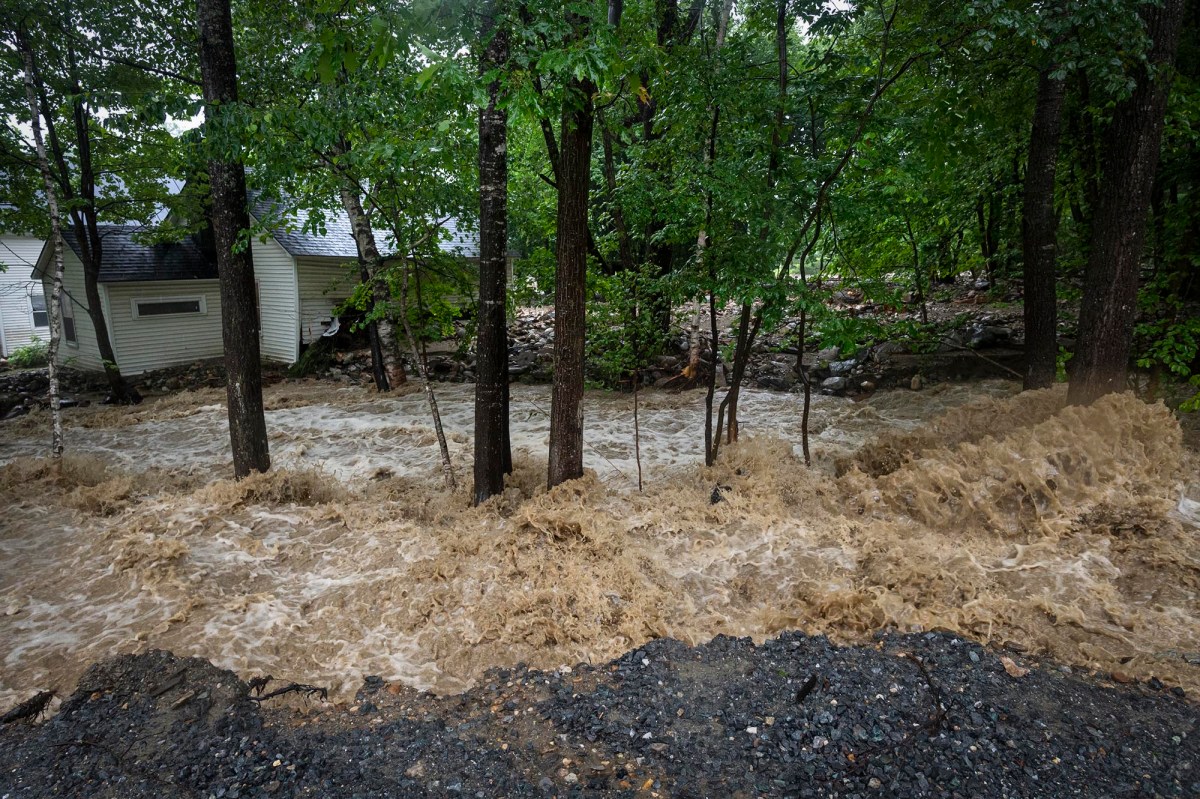 a flooded road with trees in the background.