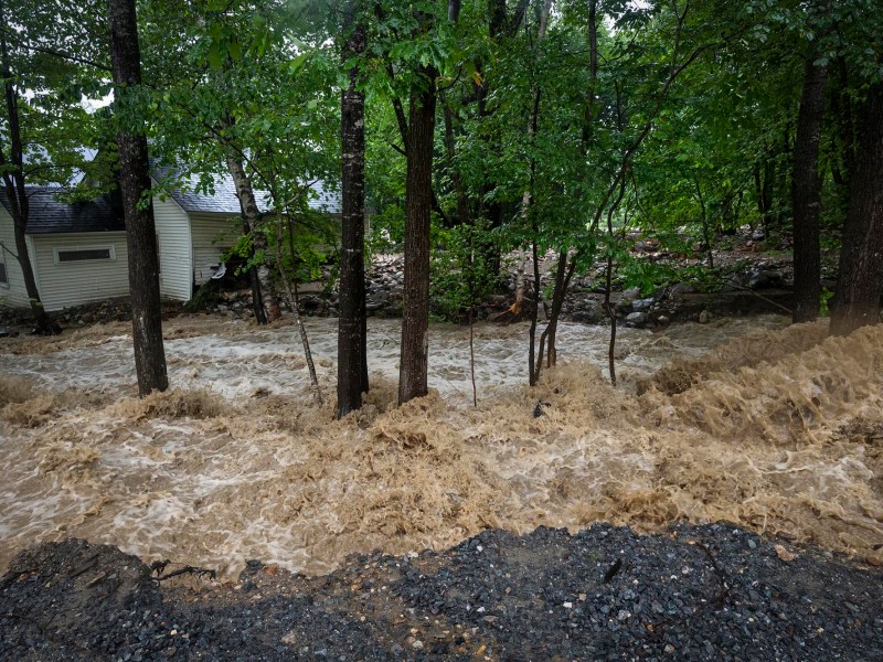 a flooded road with trees in the background.