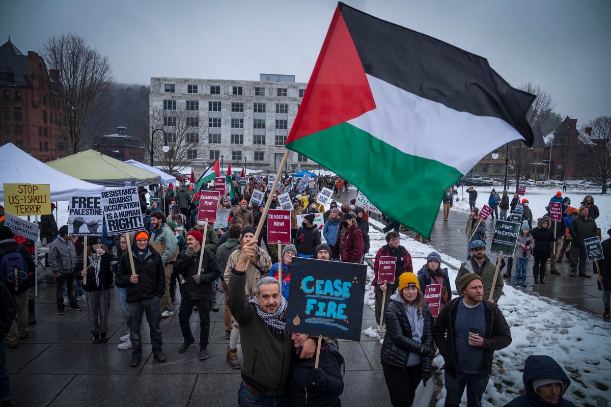 A group of people holding signs with the palestinian flag.