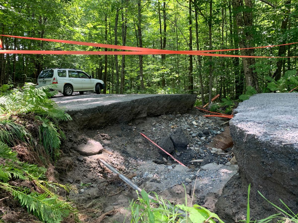 A car is parked next to a fallen tree in a wooded area.