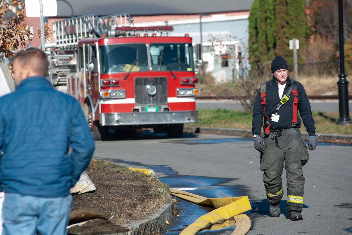A fire truck on the street.