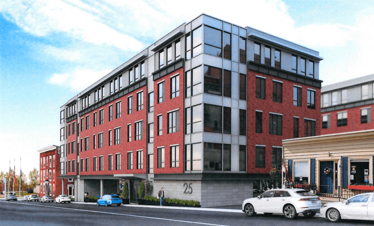 A rendering of a five-story building with brick and concrete.