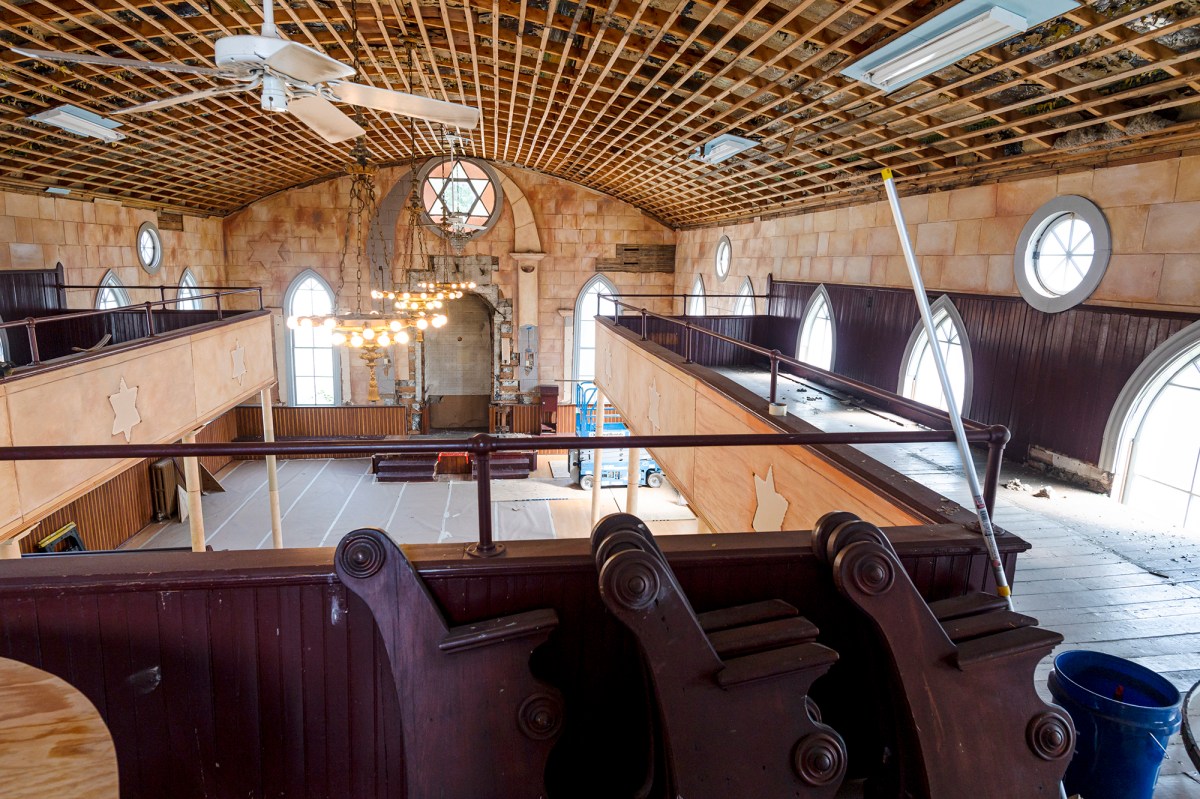 A wooden ceiling in a church.