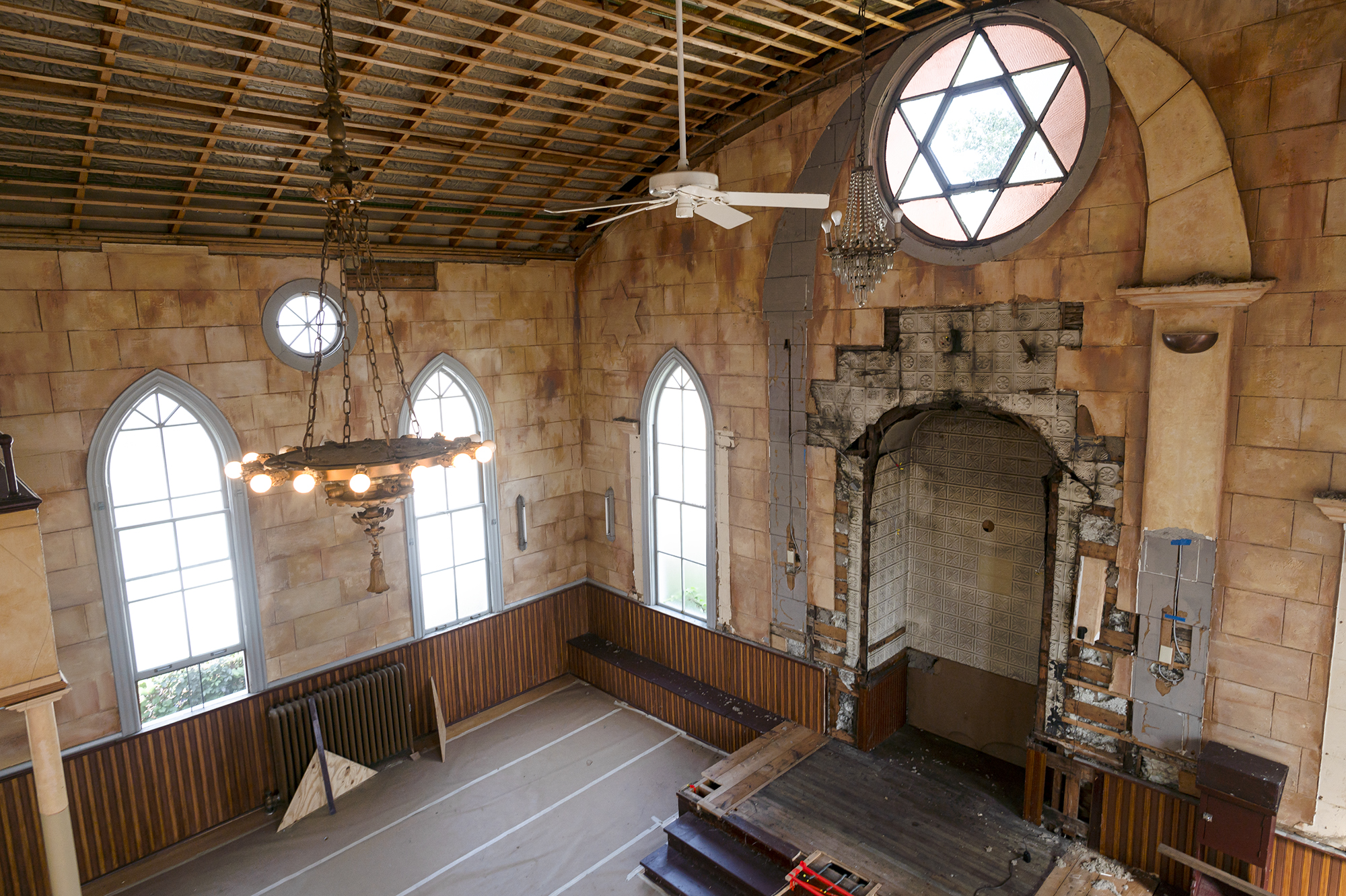 A church with a ceiling fan.