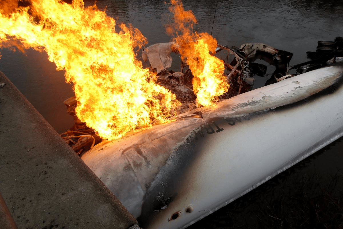 A tanker is on fire with flames coming out of it.