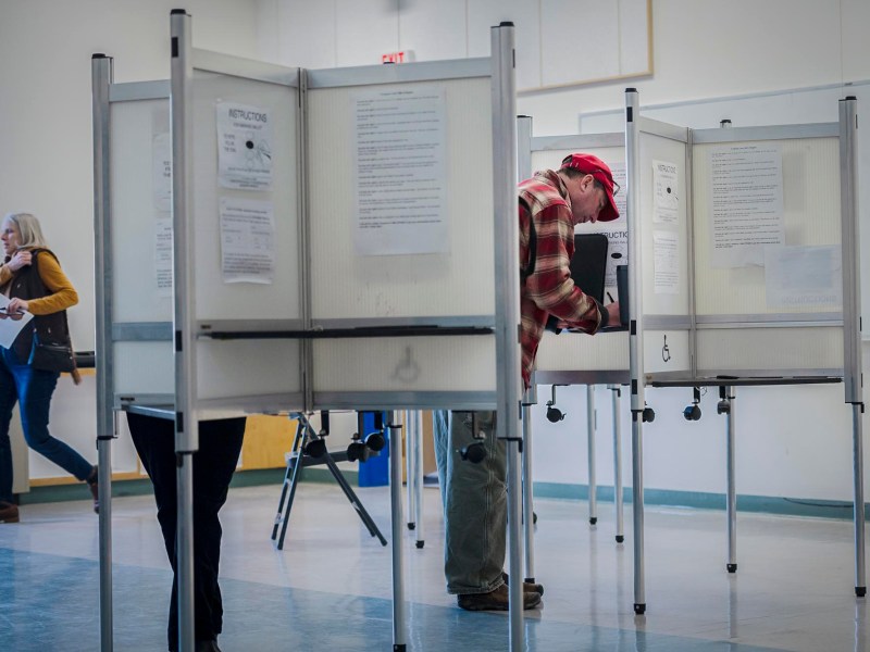 A group of people standing in front of voting booths.