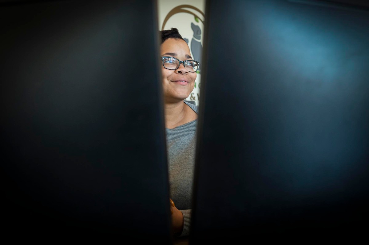 A woman in glasses looking through a computer screen.
